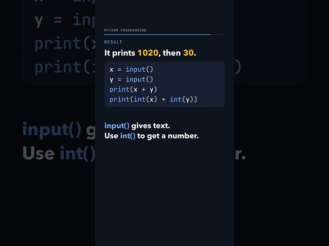 x = input(), y = input(). You type 10, then 20. What does print(x + y) show? #Shorts