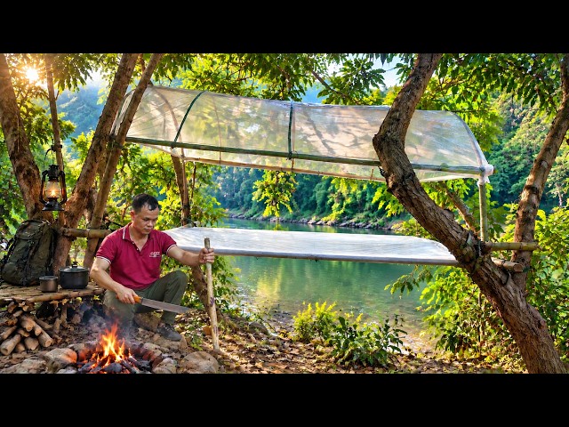 Solo Bushcraft Project: Building Waterproof Shelter by River Bank