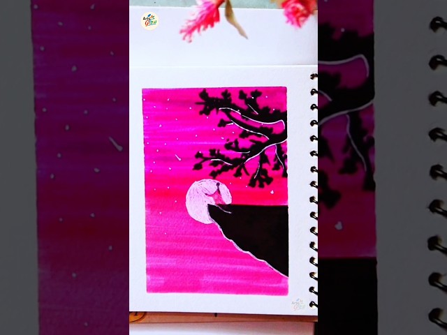 Easy Moonlight Landscape Drawing | Beautiful Pink Sunset Art Tutorial 🎨#shorts