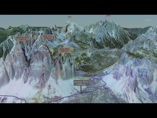 3D animation of hiking Drei Zinnen / Le Tre Cime di Lavaredo (Dolomites, Italy)