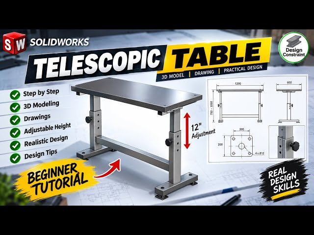 SolidWorks Beginner Tutorial (Weldments) | Telescopic Table Design in English 