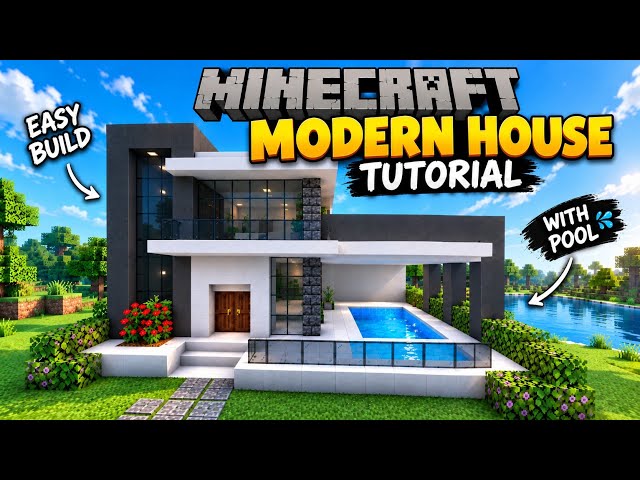 Minecraft Modern House Tutorial ⚒️ 🏠 . With Pool .
