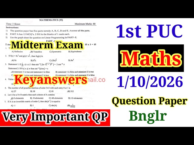 1st PUC Maths Midterm Question Paper 2026 With Answers