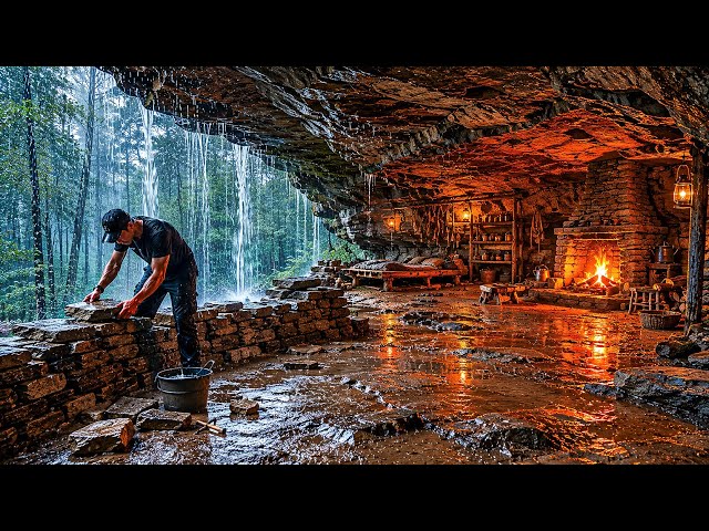 500 Days Building a Giant Survival Shelter Under a Massive Rock in the Rain | FULL TIMELAPSE