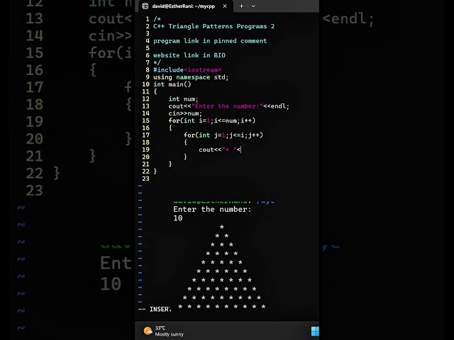 🔥 C++ Star Pattern Program | Print a Pyramid Pattern Using Nested Loops ⭐ #Shorts