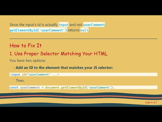 Fixing Cannot read properties of null (reading 'addEventListener') in JavaScript Comment Input