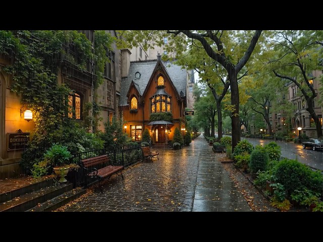Rainy Day Jazz at a Vintage Library Café Street ☕Deep & Warm Jazz for Reading, Focus | Rain Sounds🌧️