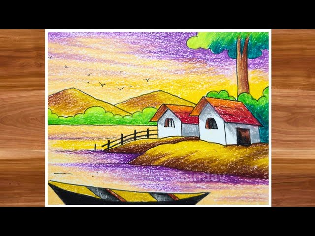 Sunset scenery drawing oil pastel/Mountain River Sunset village scene drawing/সূর্যাস্তের দৃশ্য আঁকা