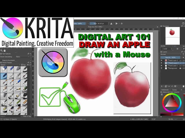 How to Draw an Apple in Krita with a Mouse.  Digital Art for Beginners. #krita #digitalart #madart