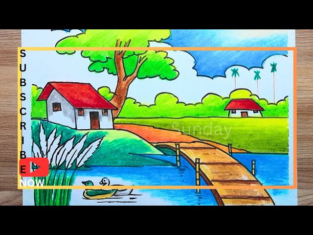 শরৎকাল আঁকা/river side Autumn village scene drawing/bird scenery drawing/autumn scenery drawing