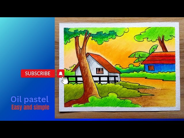 how to draw easy scenery drawing with oil pastel- landscape-village drawing step by step