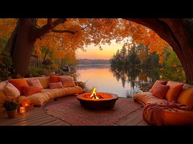 Cozy Fall Porch Ambience By The Lake 🍁 | Warm Fireplace, Gentle Piano & Autumn Nature Sounds