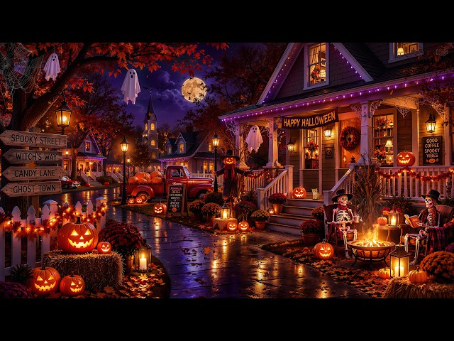 Pumpkin-Lit House on a Spooky Halloween Street🎃Warm Autumn Jazz, Falling Leaves & Fireplace Crackles