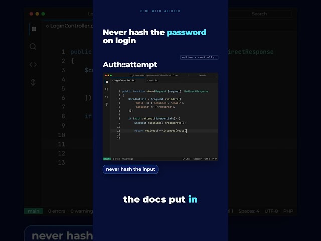 Never hash the password on login · Laravel 13 #Shorts