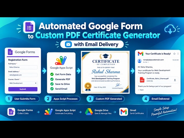 Automated Google form to custom pdf certificate generator with email delivery