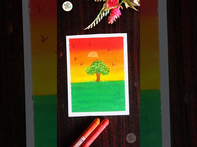 Easy Sunset Landscape Drawing 🌅 | Beautiful Tree Scenery Art Tutorial #Shorts