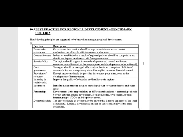 Benchmark criteria for Regional Development
