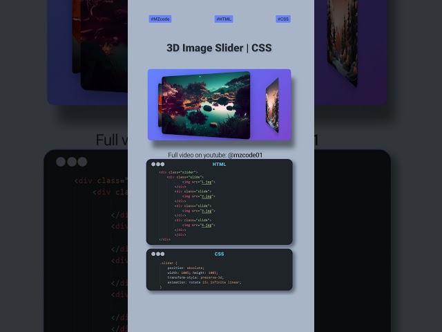 🔥 3D Image Slider Tutorial: Pure CSS Magic for MZCode01 Developers 🚀 #css #webdesign #coding #shorts