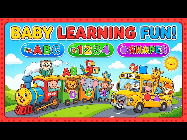 Baby Learning Fun: ABC, 1234 & Shapes with Bus,Train,Animals & Birds! 🦉🚌