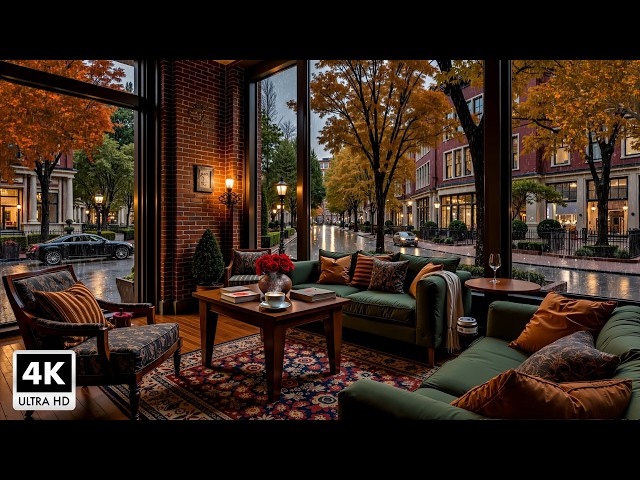 Peaceful Autumn Evening At A Cozy Coffee Shop | Rainy Streets & Soothing Jazz Music For Sleep, Relax