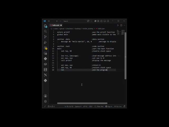 NASM Installation and Hello World Program in Assembly Language