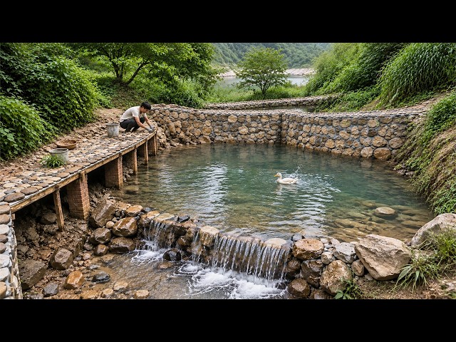 I Spent Months Turning Muddy Ditch into Mountain Natural Pool, Hand-Stacked Stones for Flood Dam