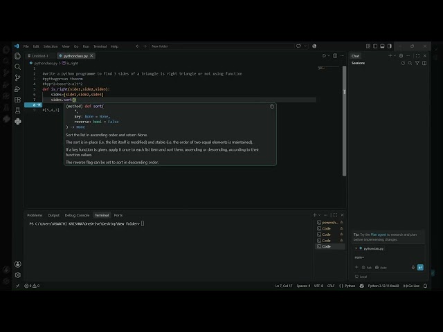 Part 22 || Python Tutorial || Right Angle Problem Using Functions 