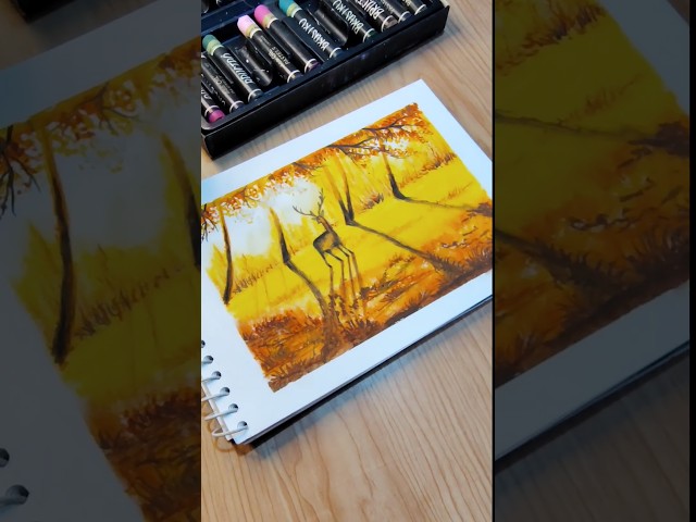 beautiful autumn dear scenery with oil pastel colour very easy #art#drawing #shorts