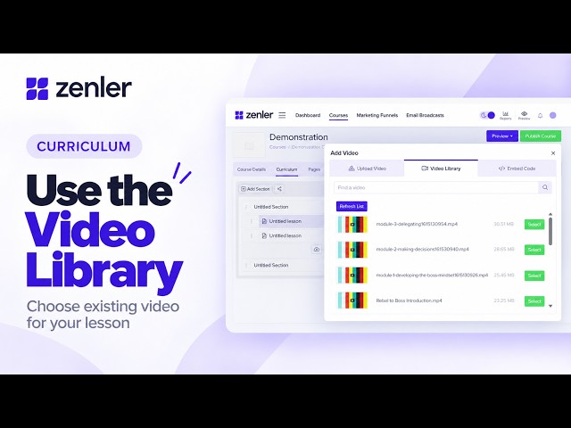 Curriculum | How to Use the Video Library in a Zenler Lesson 🎬