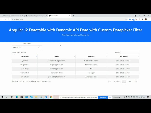 Angular 12 Datatable with Dynamic API Data with Custom Datepicker Filter