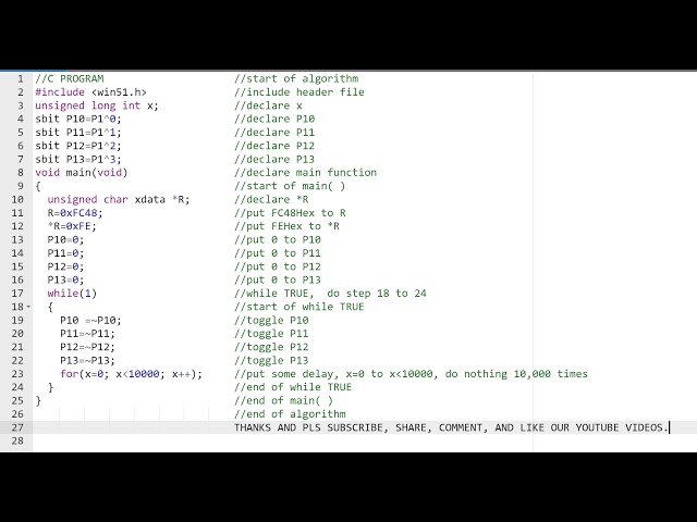 Toggle the 4 built-in LEDs of the MDA-WIN51 Kit at P1.0, P1.1, P1.2 & P1.3 of 8051 Microcontroller.
