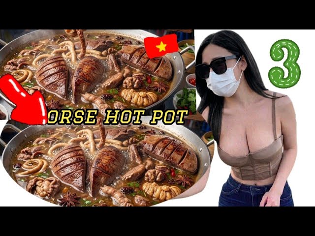 Horse meat cooked in a giant hot pot, a street food dish. ASMR