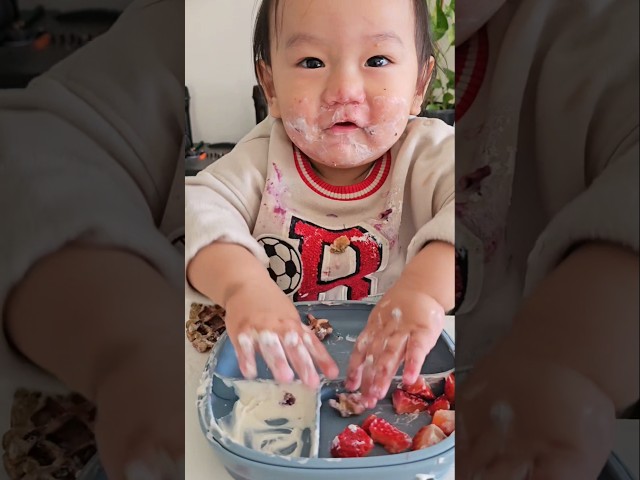 Eating waffles that he made #waffles #blw #babyeatingvideo #babyledweaning
