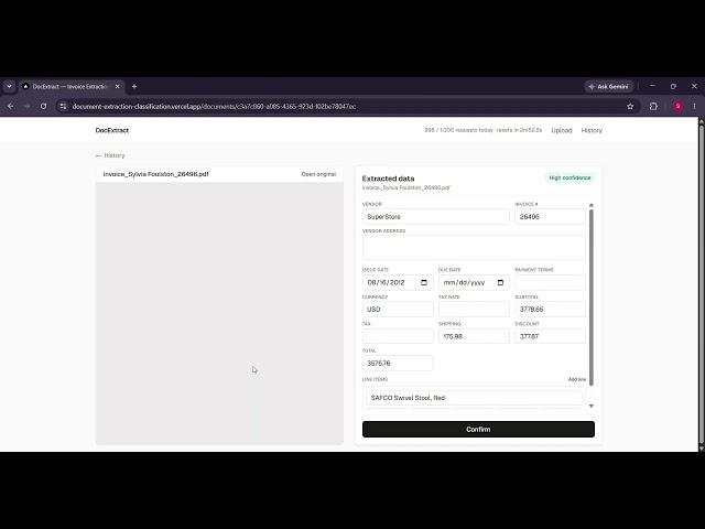 Document extraction and classification pipeline built withFastAPI, Next.js and the Groq vision API.