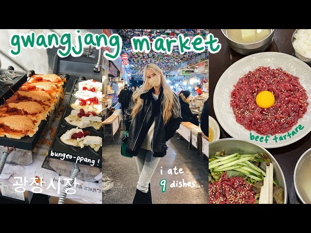 gwangjang market korean street food 🇰🇷 beef tartare, bungeo-ppang, donuts, spicy rice cakes, hotteok