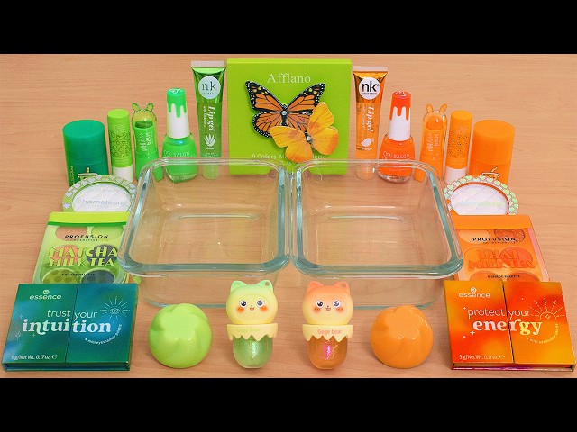 Green vs Orange - Mixing Makeup Eyeshadow Into Slime ASMR