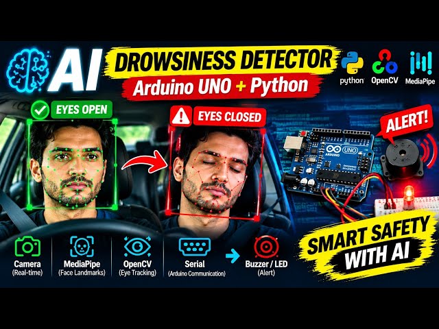 AI Drowsiness Detector Using Arduino & Python 🤖 | OpenCV + MediaPipe Eye Tracking Project