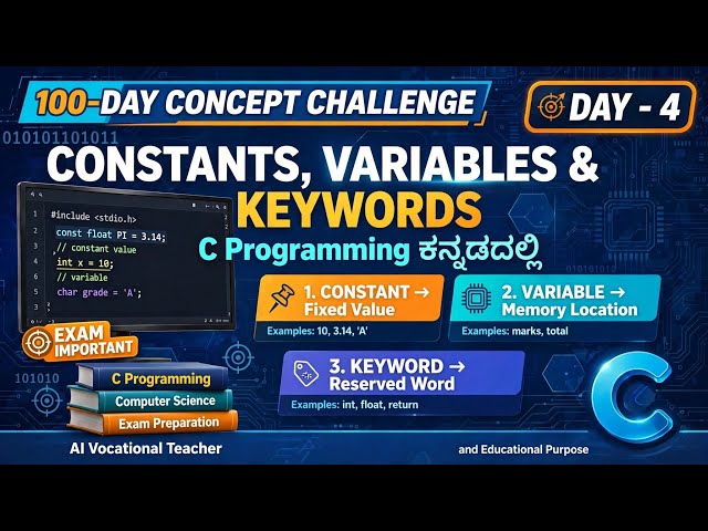 Day–4 | Constants, Variables & Keywords in C | C Programming ಕನ್ನಡದಲ್ಲಿ | 100-Day Concept Challenge
