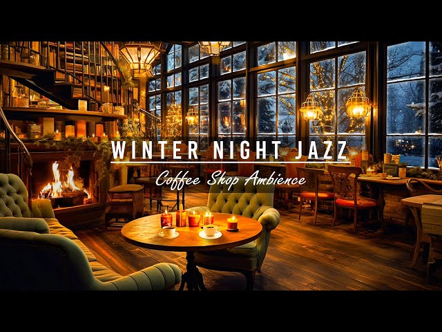 Calm Sleep Jazz Piano Instrumental Music & Warm Fireplace Sound in Cozy Winter Coffee Shop Ambience