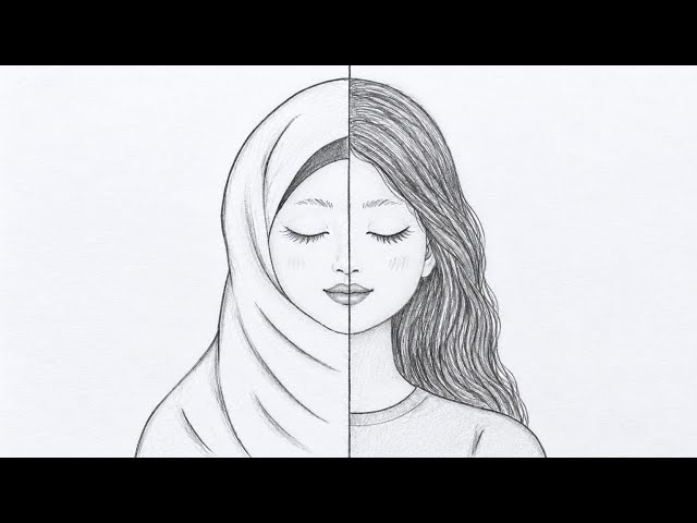 Easy Pencil Drawing: Half Hijabi vs Normal Girl ✨