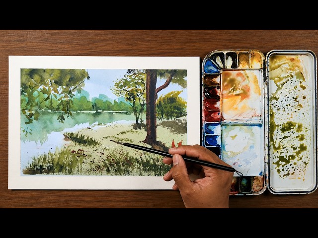How to Paint a Peaceful Lake Landscape in Watercolor | Step-by-Step Watercolor Tutorial