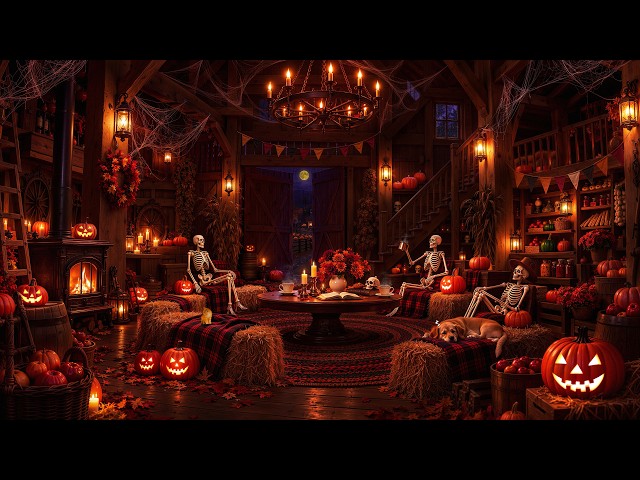Hidden Barn on a Quiet Autumn Farm 🎃 Spooky Halloween Jazz, Pumpkin Glow & Fireplace for Deep Focus