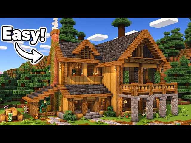 Minecraft: Easy Large Wooden Cabin Tutorial for Survival  + Interior Decoration