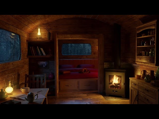 Deep Sleep in Winter Cozy RV with Cat and Relaxing Sounds (Sounds of Fireplace and Blizzard)