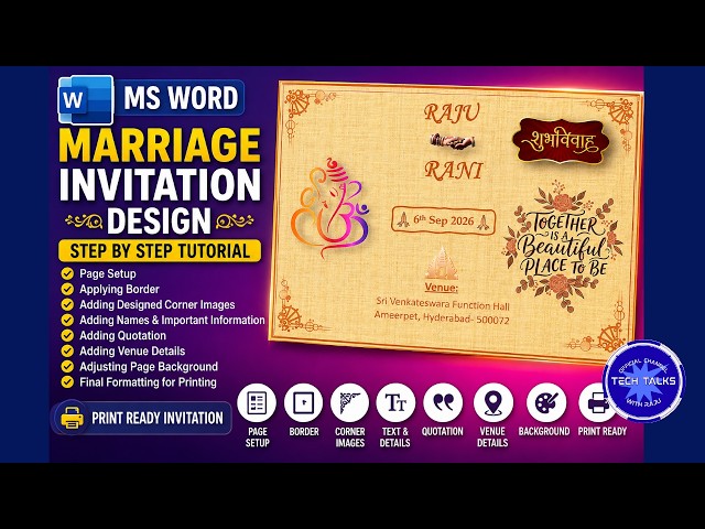 MS Word How to Design a Marriage Invitation complete explanation in Telugu | Tech Talks With Raju