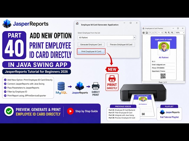 JasperReports Tutorial for Beginners 2026 | Print Employee ID Card Directly in Java Swing (Part 40)