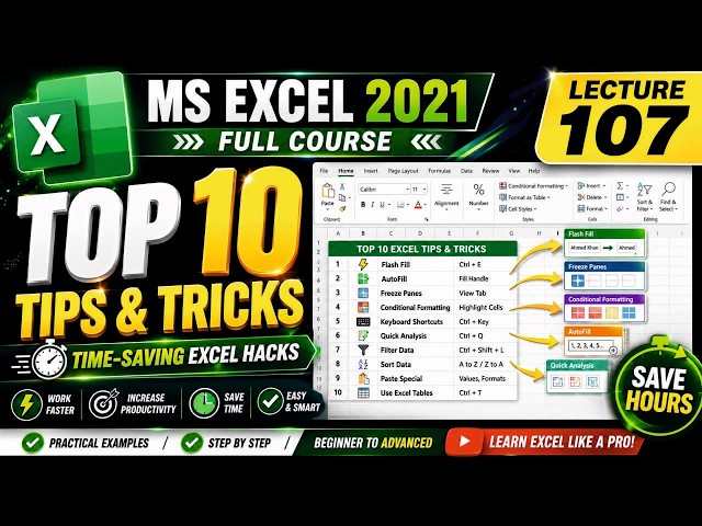 Top 10 Time-Saving Excel Tips & Tricks | MS Excel 2021 Full Course in English | Lecture 107