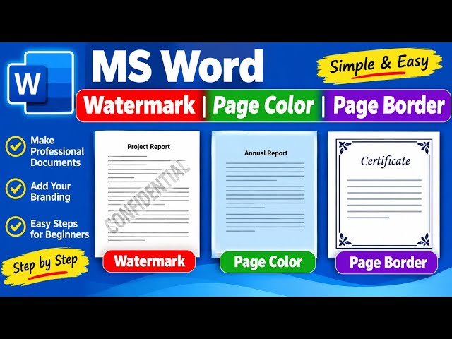 MS Word Watermark, Page Color & Page Border | Complete Page Design Tutorial for Beginners
