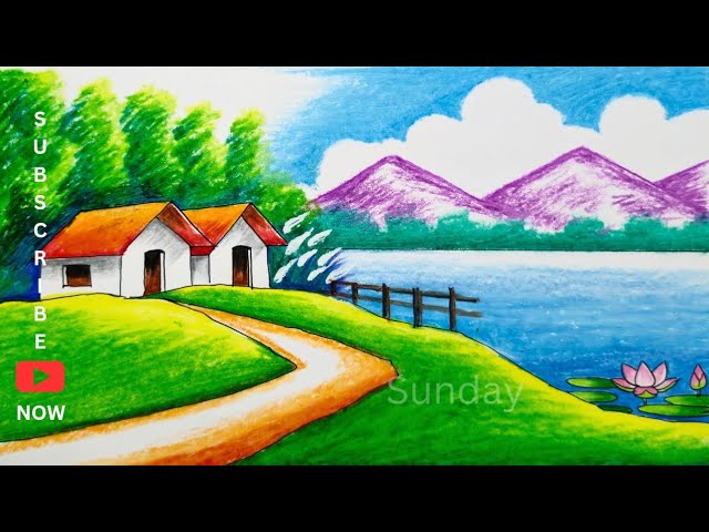 শরৎকাল আঁকা/How to draw a mountain river scenery/Riverside Autumn season scenery drawing