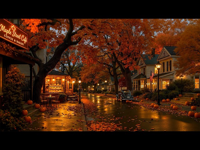 Where Warm Café Lights Glow on a New England Street🍂 Cozy Jazz Vibes, Pumpkin & Vintage Autumn Charm